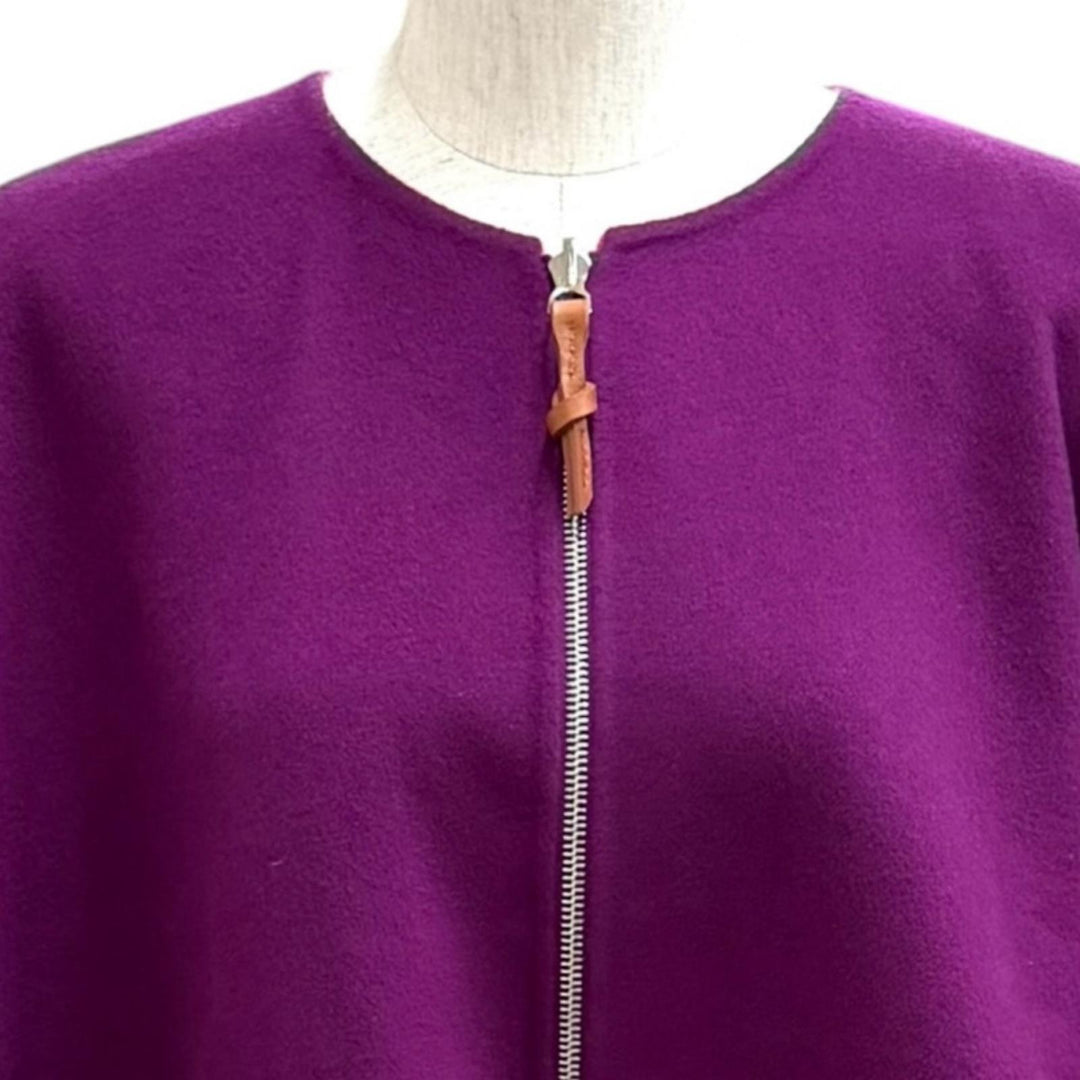 極美品★HERMES エルメス 3E0222DZ カシミヤ100% リバーシブル ロゴボタン レザーZIP ダブルフェイス ケープ ポンチョ パープル 38 仏製