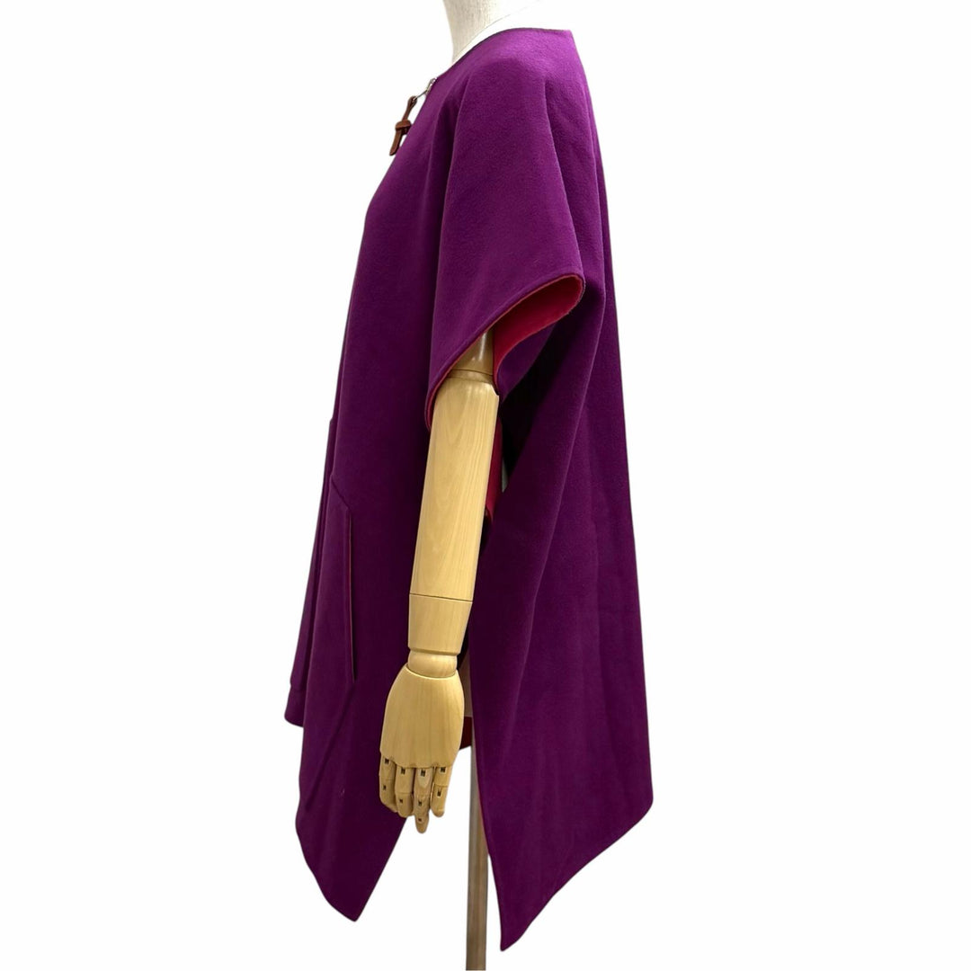 極美品★HERMES エルメス 3E0222DZ カシミヤ100% リバーシブル ロゴボタン レザーZIP ダブルフェイス ケープ ポンチョ パープル 38 仏製