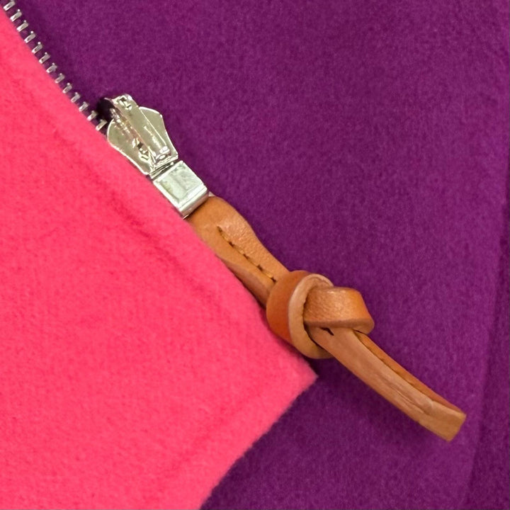 極美品★HERMES エルメス 3E0222DZ カシミヤ100% リバーシブル ロゴボタン レザーZIP ダブルフェイス ケープ ポンチョ パープル 38 仏製