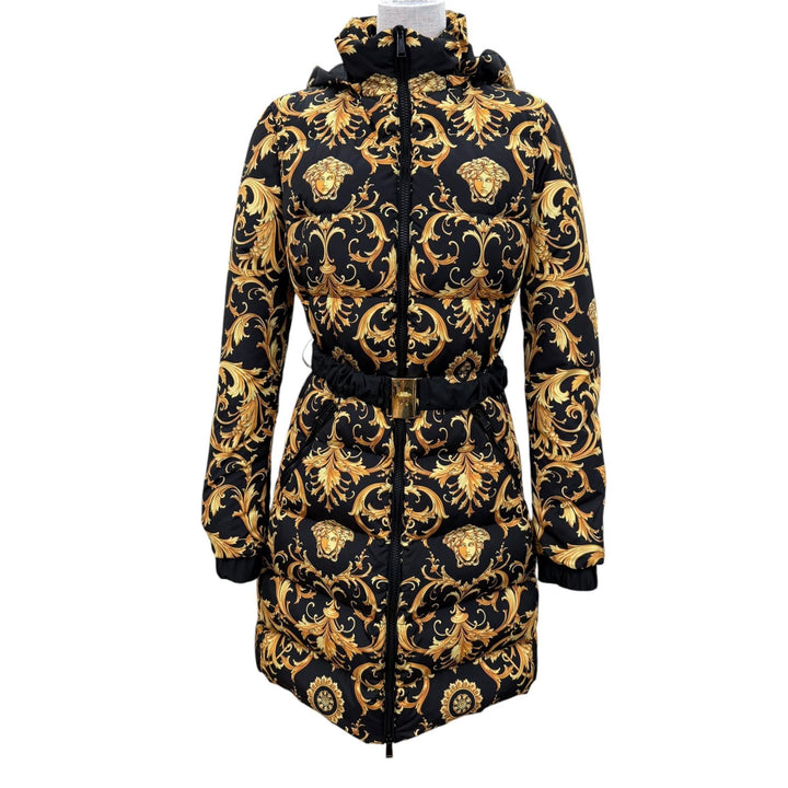 極美品☆VERSACE ヴェルサーチ A88828S メデューサ金具ベルト付 バロック ロング丈ダウンコート ブラック ゴールド 36 正規品 レディース