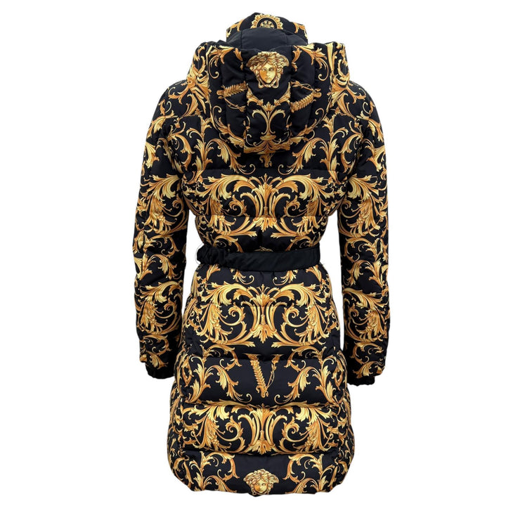 極美品☆VERSACE ヴェルサーチ A88828S メデューサ金具ベルト付 バロック ロング丈ダウンコート ブラック ゴールド 36 正規品 レディース