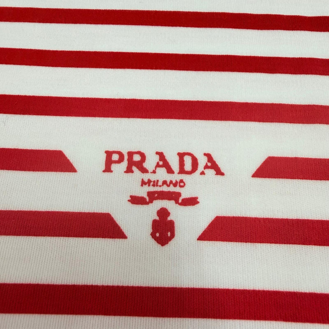 未使用品☆PRADA プラダ 3590A S221 103D トライアングルロゴ ボーダー クルーネック 半袖Ｔシャツ レッド ホワイト XS 伊製 正規品