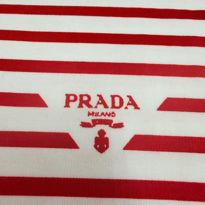 未使用品☆PRADA プラダ 3590A S221 103D トライアングルロゴ ボーダー クルーネック 半袖Ｔシャツ レッド ホワイト XS 伊製 正規品