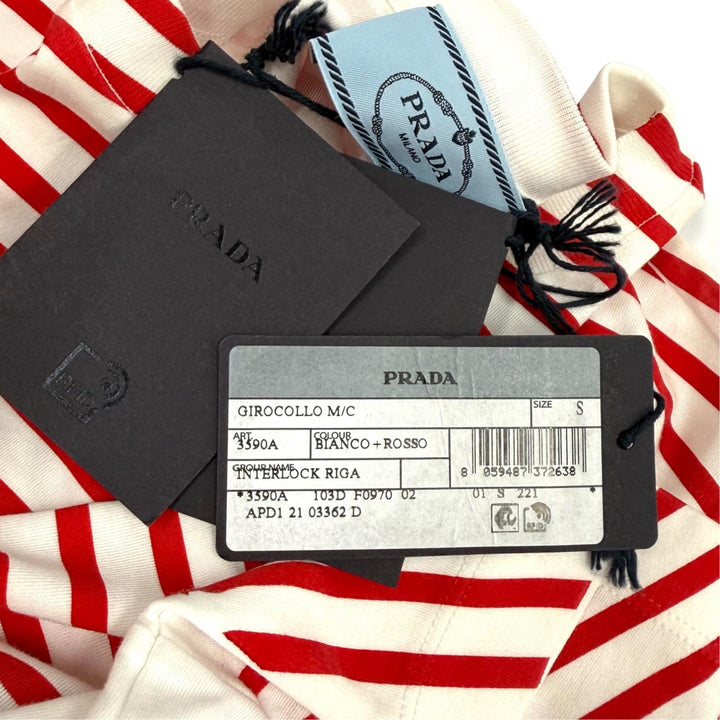 未使用品★PRADA プラダ 3590A S221 103D コットン100％ トライアングルロゴ ボーダー クルーネック 半袖Ｔシャツ 赤 白 S 正規品