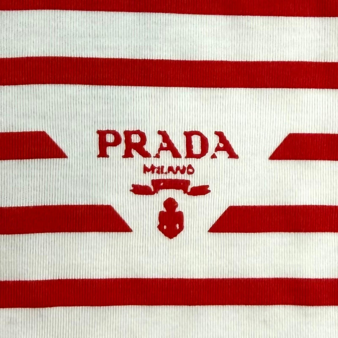 未使用品★PRADA プラダ 3590A S221 103D コットン100％ トライアングルロゴ ボーダー クルーネック 半袖Ｔシャツ 赤 白 S 正規品