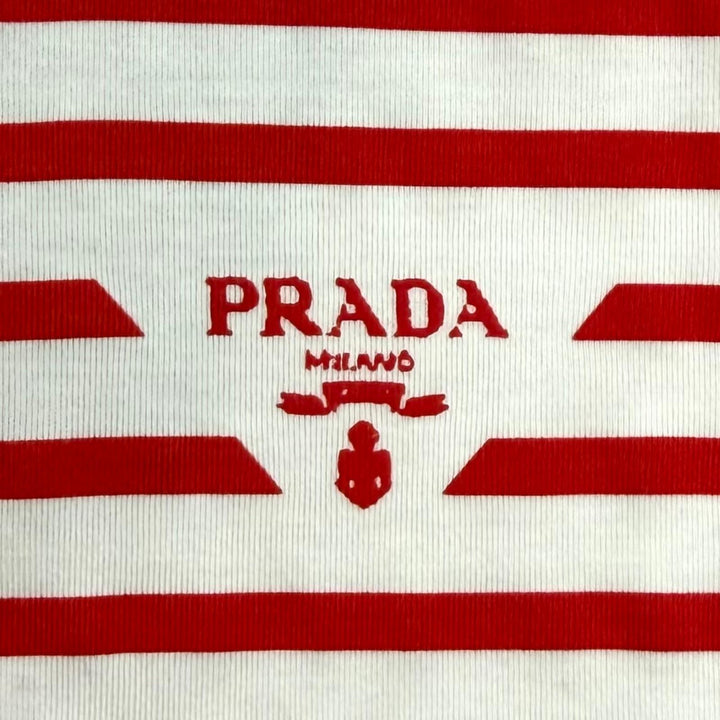 未使用品★PRADA プラダ 3590A S221 103D コットン100％ トライアングルロゴ ボーダー クルーネック 半袖Ｔシャツ 赤 白 S 正規品