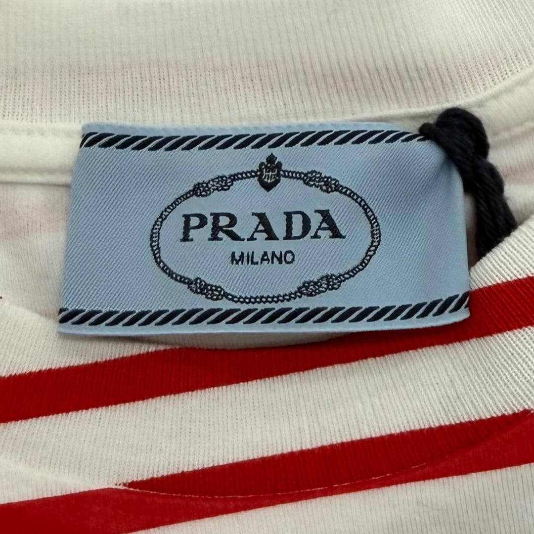 未使用品★PRADA プラダ 3590A S221 103D コットン100％ トライアングルロゴ ボーダー クルーネック 半袖Ｔシャツ 赤 白 S 正規品
