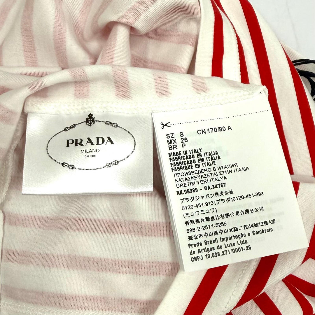 未使用品★PRADA プラダ 3590A S221 103D コットン100％ トライアングルロゴ ボーダー クルーネック 半袖Ｔシャツ 赤 白 S 正規品