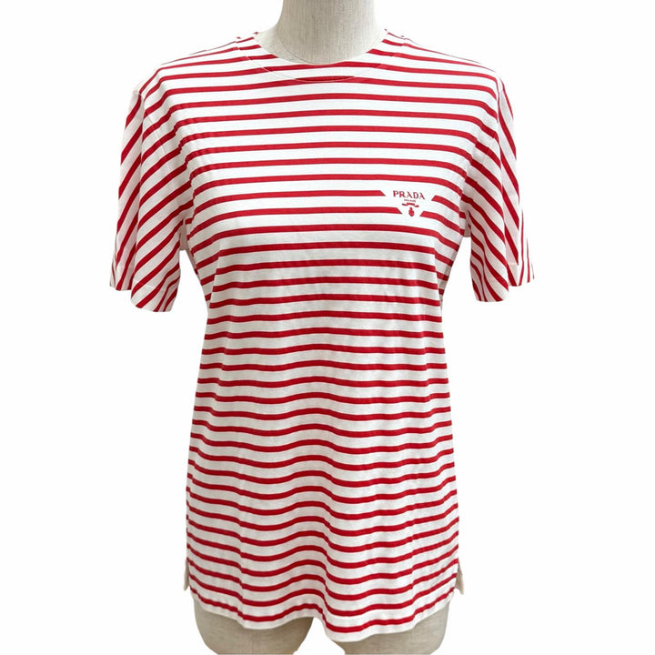 未使用品★PRADA プラダ 3590A S221 103D コットン100％ トライアングルロゴ ボーダー クルーネック 半袖Ｔシャツ 赤 白 XS 正規品