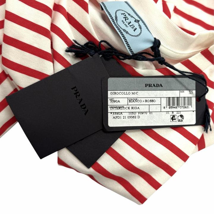 未使用品★PRADA プラダ 3590A S221 103D コットン100％ トライアングルロゴ ボーダー クルーネック 半袖Ｔシャツ 赤 白 XS 正規品