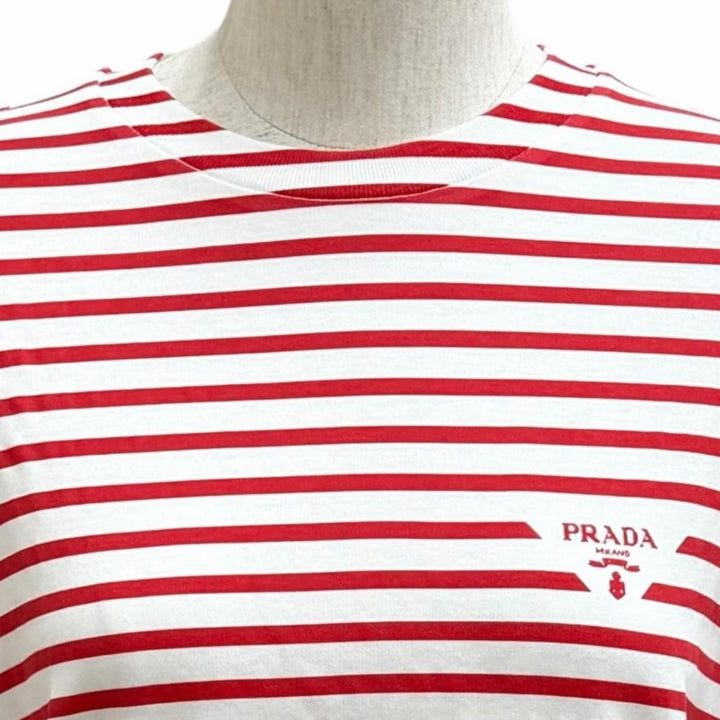 未使用品★PRADA プラダ 3590A S221 103D コットン100％ トライアングルロゴ ボーダー クルーネック 半袖Ｔシャツ 赤 白 XS 正規品