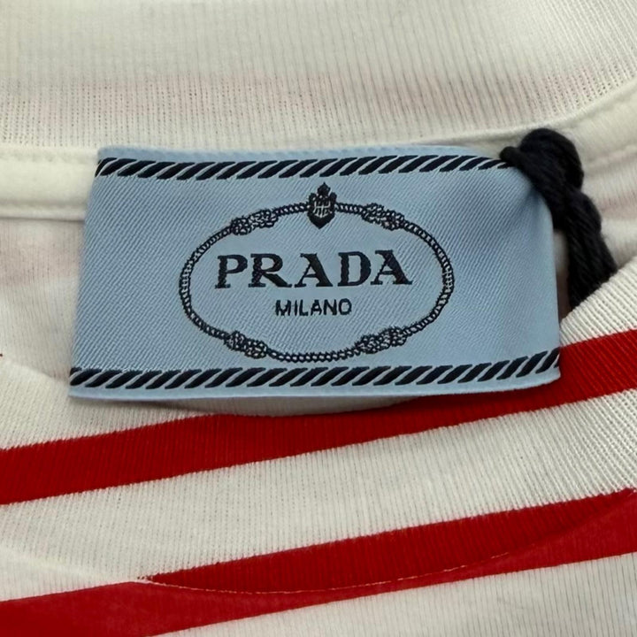 未使用品★PRADA プラダ 3590A S221 103D コットン100％ トライアングルロゴ ボーダー クルーネック 半袖Ｔシャツ 赤 白 XS 正規品