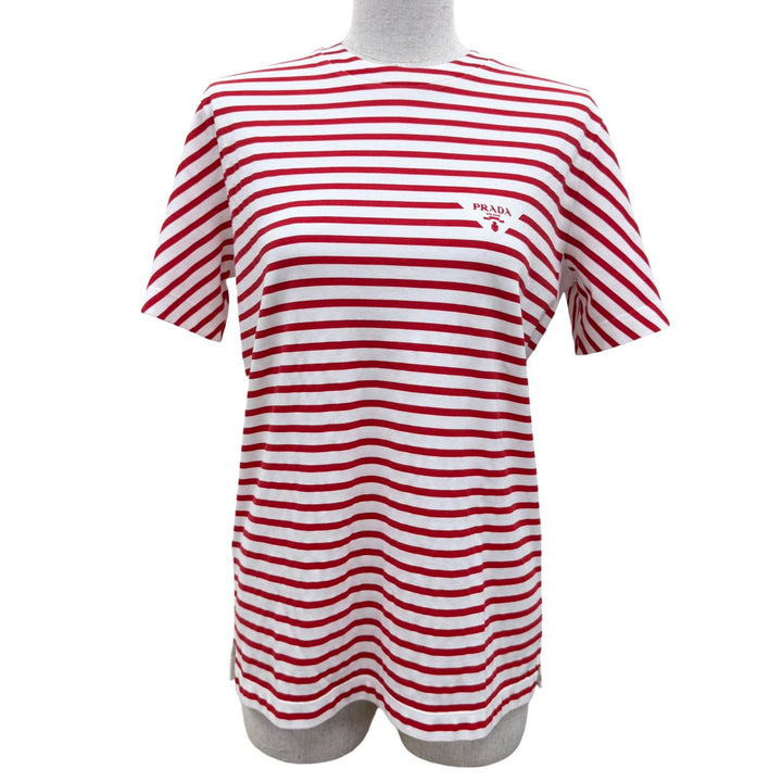 未使用品☆PRADA プラダ 3590A S221 103D コットン トライアングルロゴ ボーダー クルーネック 半袖Ｔシャツ レッド ホワイト S 正規品