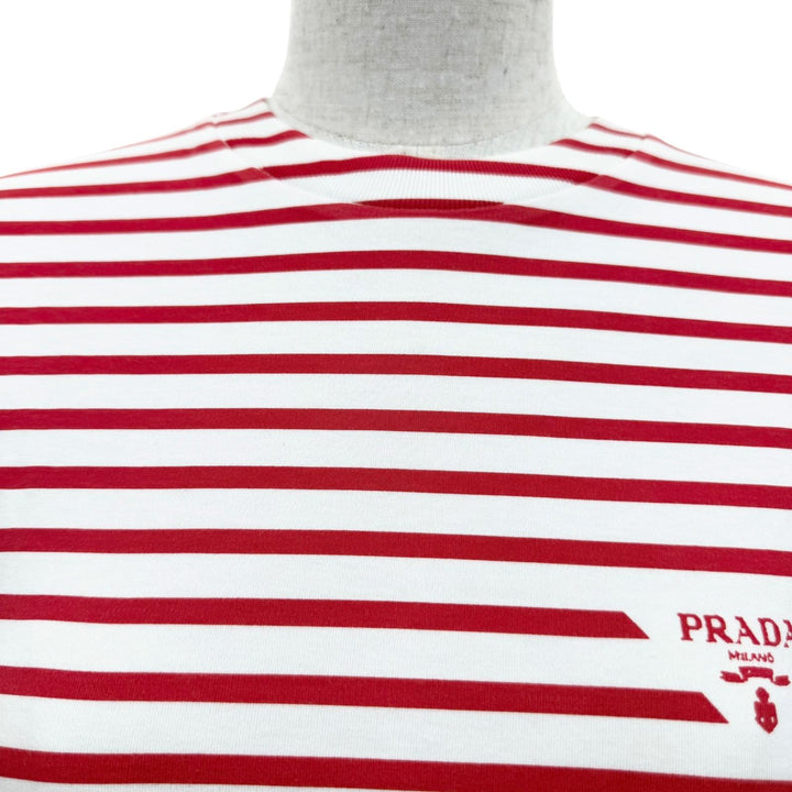 未使用品☆PRADA プラダ 3590A S221 103D コットン トライアングルロゴ ボーダー クルーネック 半袖Ｔシャツ レッド ホワイト S 正規品