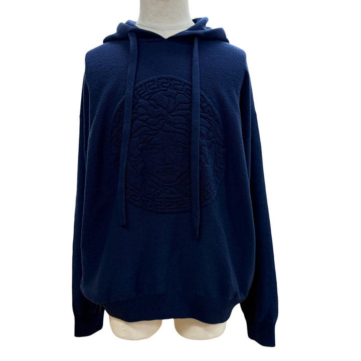 美品▼VERSACE ヴェルサーチ A87203 ウール カシミヤ メデューサ ニット パーカー プルオーバー セーター ブルー L イタリア製 メンズ