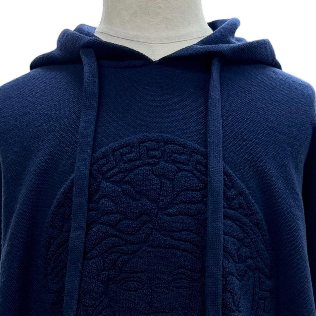美品▼VERSACE ヴェルサーチ A87203 ウール カシミヤ メデューサ ニット パーカー プルオーバー セーター ブルー L イタリア製 メンズ