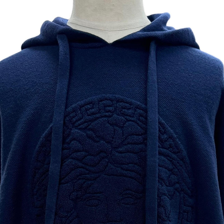 美品▼VERSACE ヴェルサーチ A87203 ウール カシミヤ メデューサ ニット パーカー プルオーバー セーター ブルー L イタリア製 メンズ