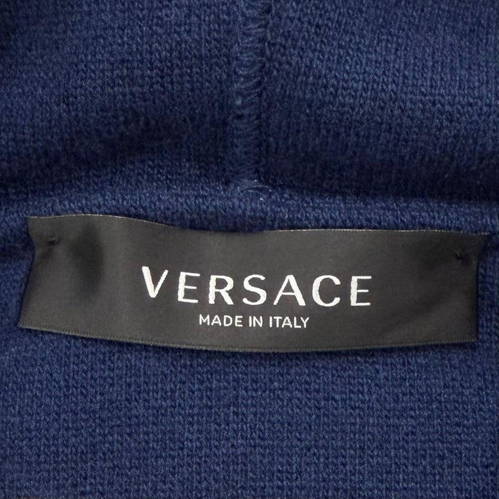美品▼VERSACE ヴェルサーチ A87203 ウール カシミヤ メデューサ ニット パーカー プルオーバー セーター ブルー L イタリア製 メンズ