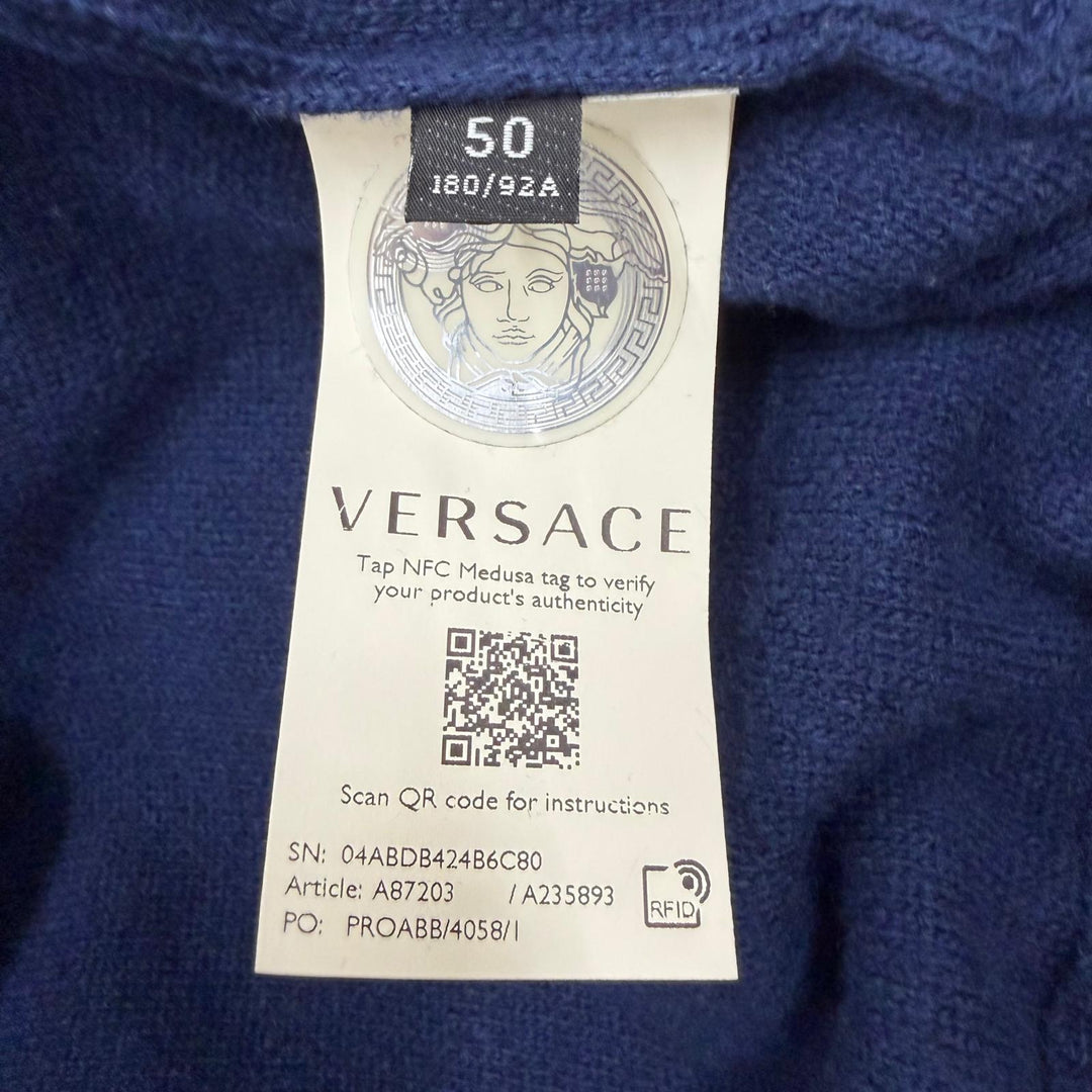 美品▼VERSACE ヴェルサーチ A87203 ウール カシミヤ メデューサ ニット パーカー プルオーバー セーター ブルー L イタリア製 メンズ