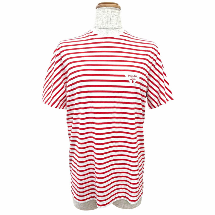 未使用品△PRADA プラダ 3590A S221 103D コットン100％ トライアングルロゴ ボーダー クルーネック 半袖Ｔシャツ 赤 白 XS 伊製 正規品
