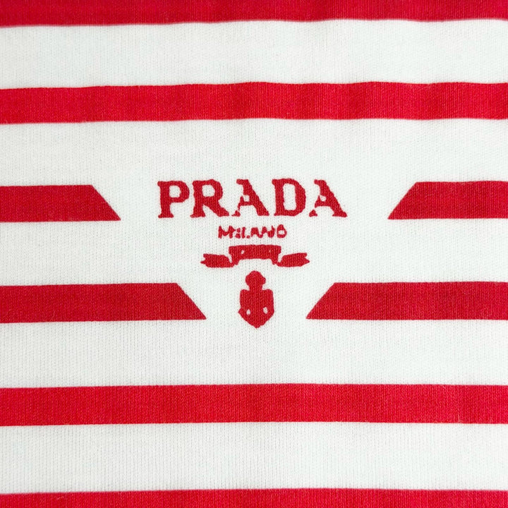 未使用品△PRADA プラダ 3590A S221 103D コットン100％ トライアングルロゴ ボーダー クルーネック 半袖Ｔシャツ 赤 白 XS 伊製 正規品