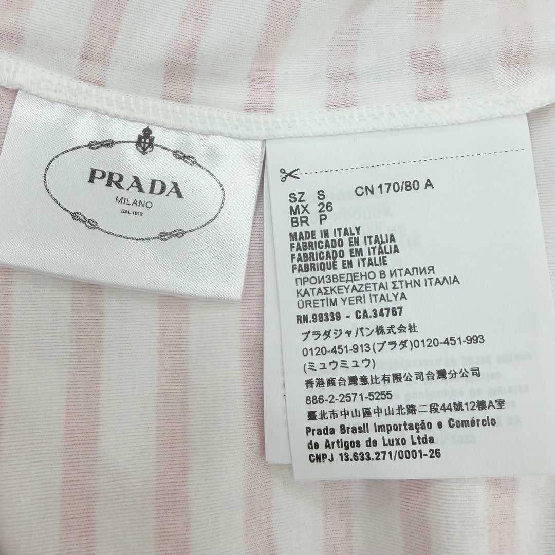 未使用品☆PRADA プラダ 3590A S221 103D コットン トライアングルロゴ ボーダー クルーネック 半袖Ｔシャツ レッド ホワイト S 正規品