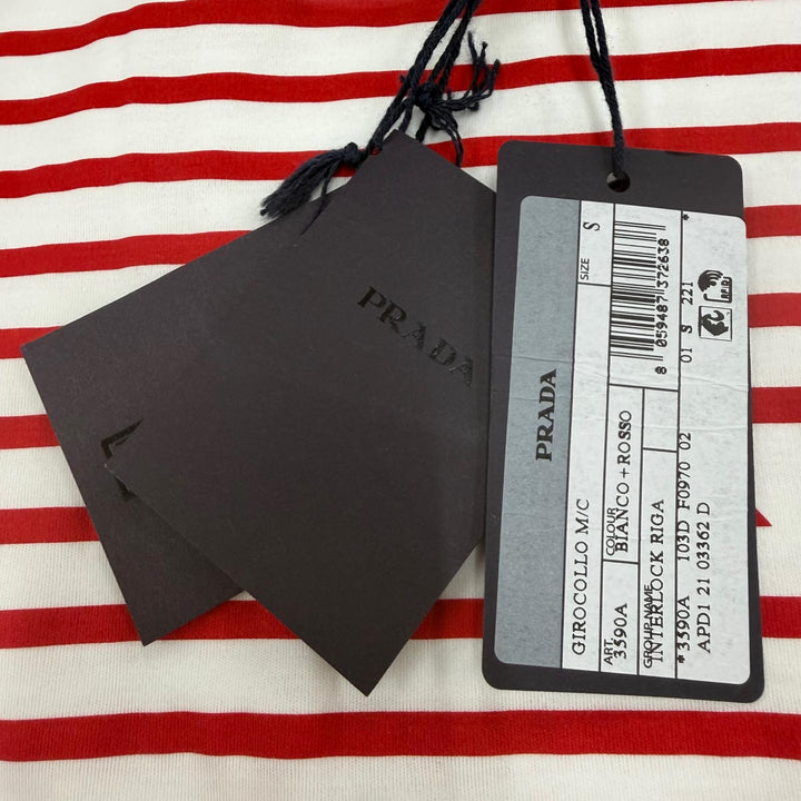 未使用品☆PRADA プラダ 3590A S221 103D コットン トライアングルロゴ ボーダー クルーネック 半袖Ｔシャツ レッド ホワイト S 正規品