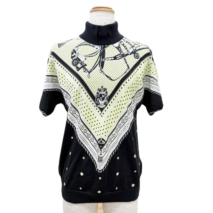 極美品△HERMES エルメス 22AW 2H2826DS HARNAIS DE COUR BANDANA 宮廷の馬具 シルク カシミヤ ツイルレーヌ 半袖ニット 36 伊製 正規品