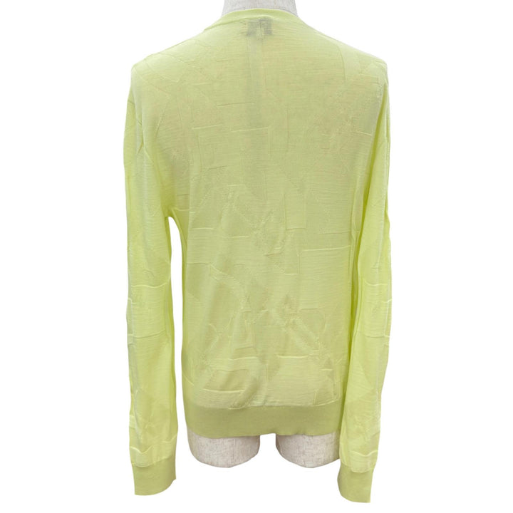 極美品●HERMES エルメス ウール100% 総柄 クルーネック ロングスリーブ 長袖 リブニット 半袖ニット ネオンイエロー S イタリア製 メンズ