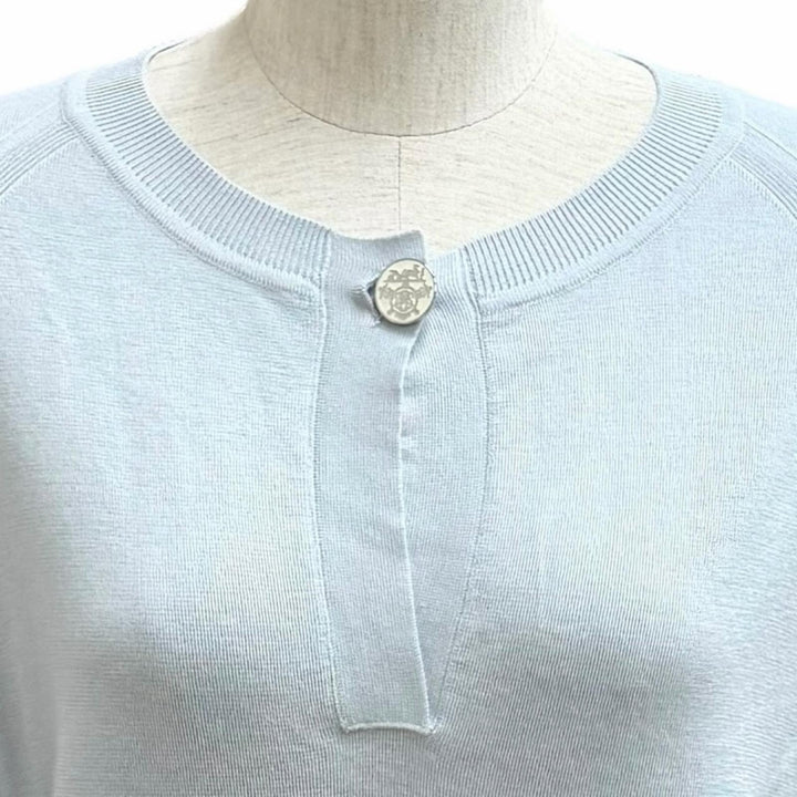 極美品★HERMES エルメス 23AW 3H2632D6 カシミヤ シルク混 エクスリブリス ロゴボタン 長袖 ニット ライトブルー 38 イタリア製 正規品