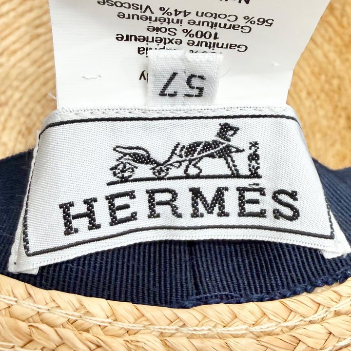 極美品△HERMES エルメス 2992 SEA SURF AMD FUN ラフィア100％ シルク使い ストローハット 麦わら帽子 ナチュラル 57 伊製 正規品 箱付