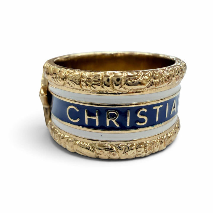 美品☆DIOR ディオール メタル スター ロゴ入り アクセサリー リング 指輪 ゴールド ネイビー ホワイト S JP18号相当 箱・保存袋付き
