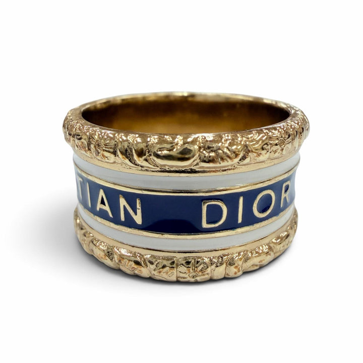 美品☆DIOR ディオール メタル スター ロゴ入り アクセサリー リング 指輪 ゴールド ネイビー ホワイト S JP18号相当 箱・保存袋付き