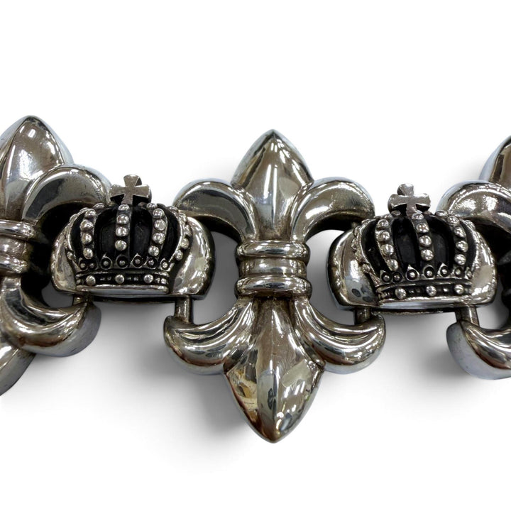 美品▼Justin Davis ジャスティンデイビス BIG FDL M 925 クラウン ユリモチーフ ブレスレット シルバー 重量131.2g メンズ アクセサリー