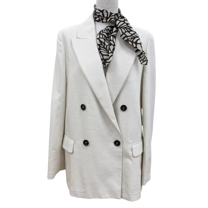 極美品☆Brunello Cucinelli ブルネロクチネリ スカーフトリム ダブルジャケット ホワイトラメ 40 イタリア製 正規品 レディース