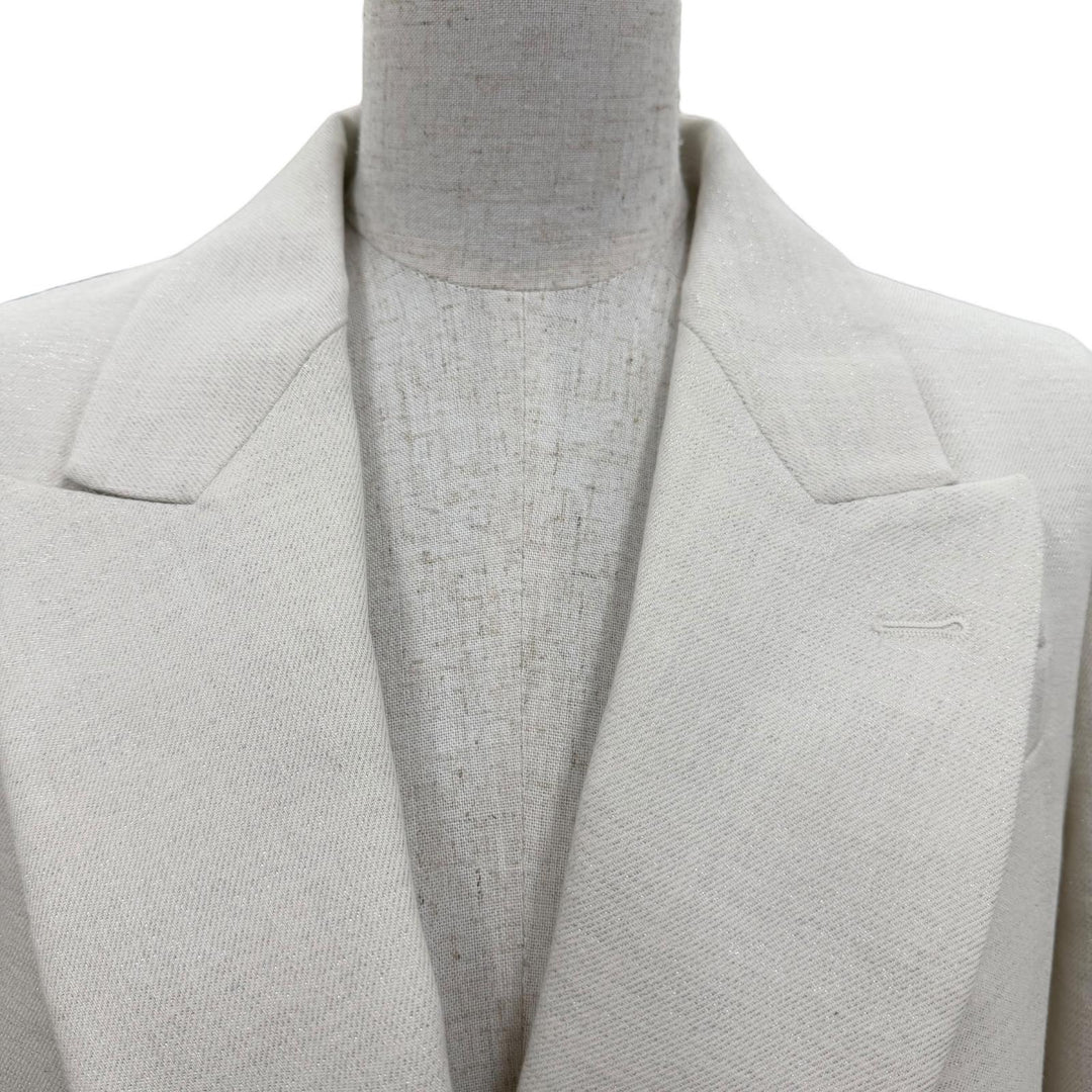 極美品☆Brunello Cucinelli ブルネロクチネリ スカーフトリム ダブルジャケット ホワイトラメ 40 イタリア製 正規品 レディース