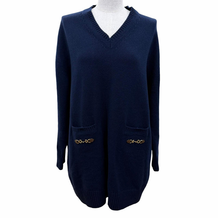 美品☆GUCCI グッチ 749065 カシミヤ100％ ホースビット 長袖 Vネック ニット ワンピース ネイビー XS イタリア製 正規品 レディース