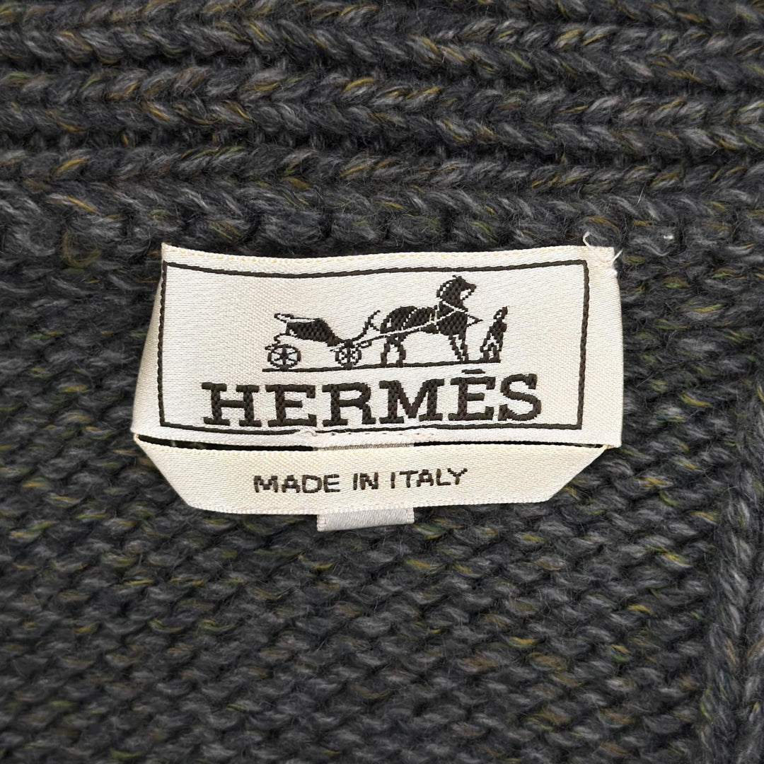極美品●HERMES エルメス カシミヤ ウール フロントデザイン ショールカラー 長袖 ニット カーディガン カーキ S イタリア製 メンズ