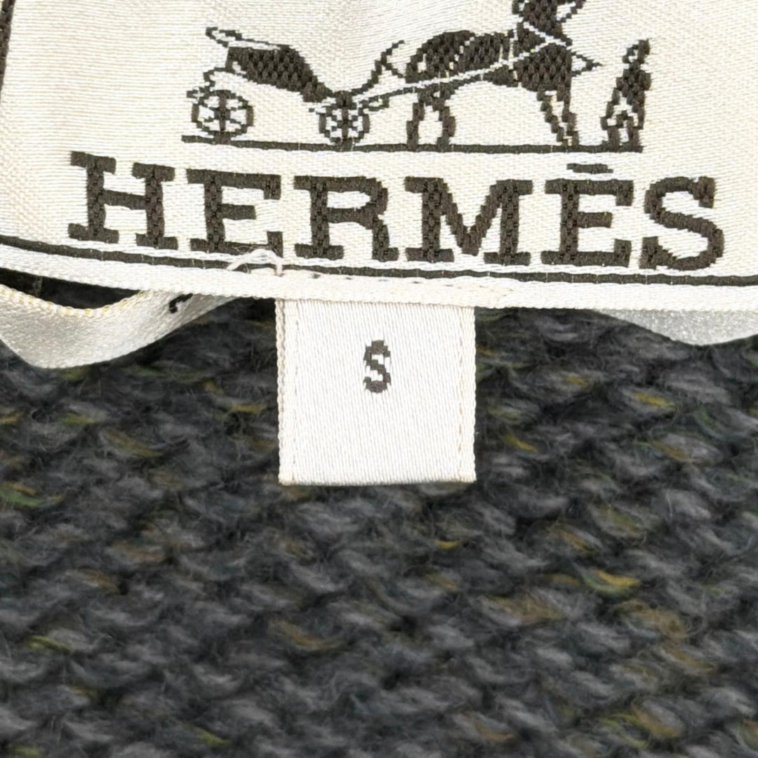 極美品●HERMES エルメス カシミヤ ウール フロントデザイン ショールカラー 長袖 ニット カーディガン カーキ S イタリア製 メンズ