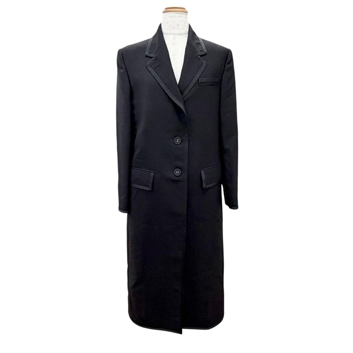極美品△THOM BROWNE トムブラウン FOC320B ウール100％ 裏地トリコロールストライプ シングル ロング コート ブラック 40 伊製 正規品