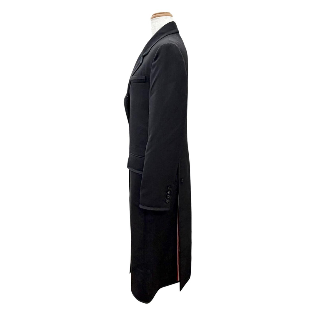 極美品△THOM BROWNE トムブラウン FOC320B ウール100％ 裏地トリコロールストライプ シングル ロング コート ブラック 40 伊製 正規品