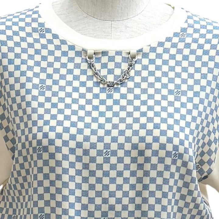 極美品★LOUIS VUITTON ルイヴィトン 24SS コットン シルク混 ダミエ フロント ドローストリング ドレス ワンピース 白 青 XS 正規品