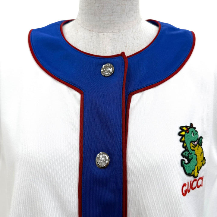 極美品☆GUCCI グッチ 24SS 774204 コットン ロゴ・ドラゴン刺繍 中綿入り ベスト ホワイト ブルー L イタリア製 正規品 レディース