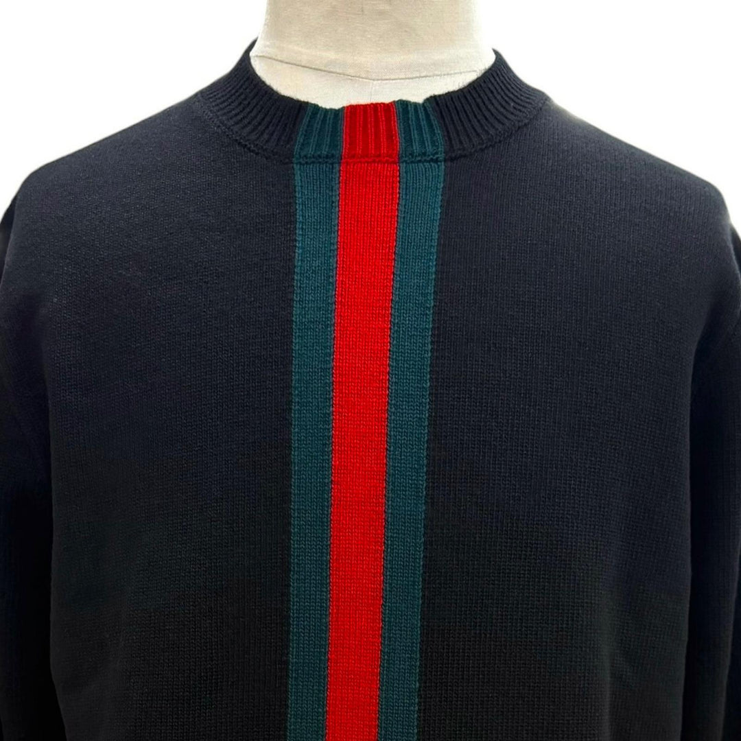 極美品▼GUCCI グッチ 26SS 862532 ウール100% ウェブストライプ インターシャ ファインウール ニットセーター ブラック L 正規品 メンズ