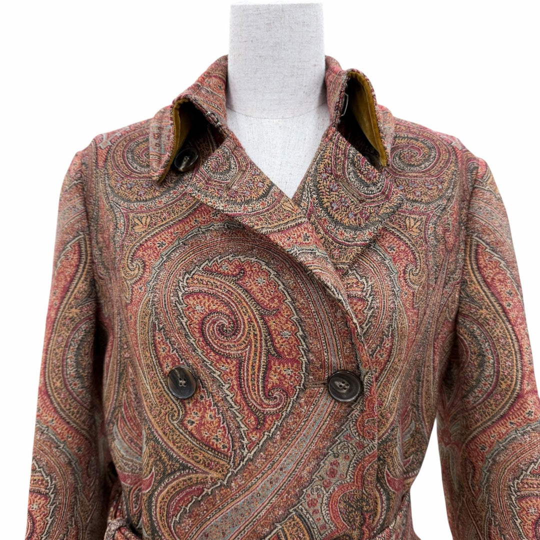 極美品☆ETRO エトロ 192-17553-063 ウール シルク ロゴボタン ベルト付 ペイズリー柄 コート ブラウン 38 イタリア製 正規品 レディース