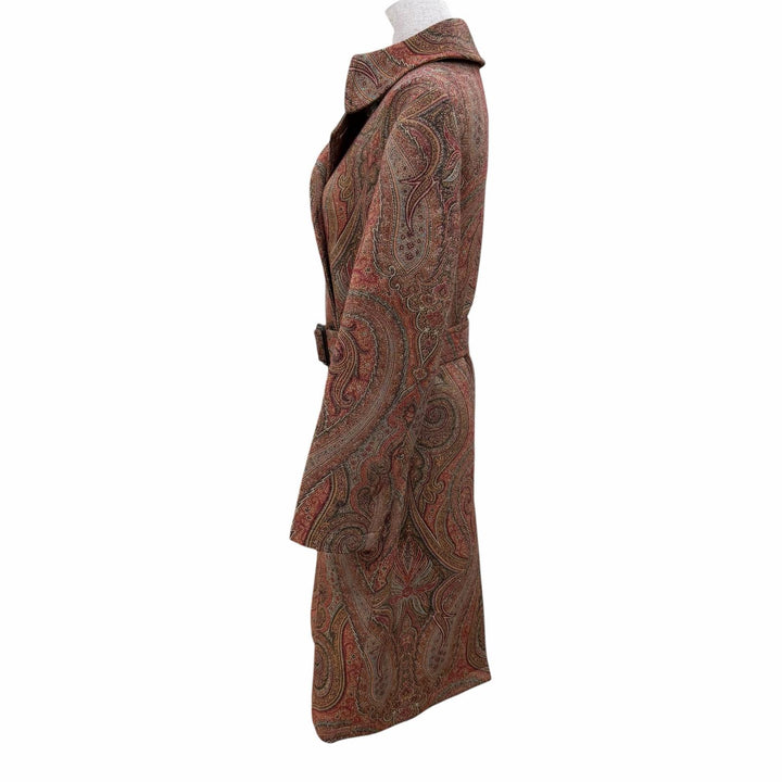 極美品☆ETRO エトロ 192-17553-063 ウール シルク ロゴボタン ベルト付 ペイズリー柄 コート ブラウン 38 イタリア製 正規品 レディース
