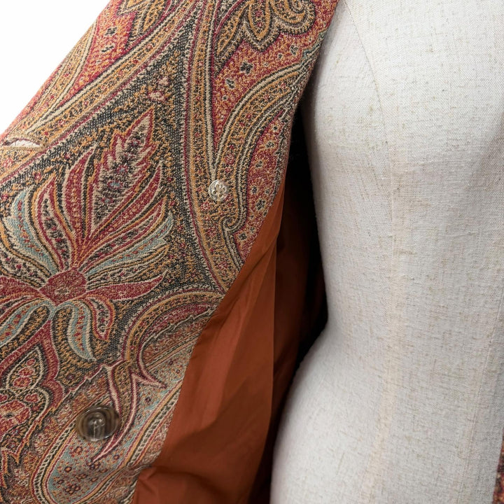 極美品☆ETRO エトロ 192-17553-063 ウール シルク ロゴボタン ベルト付 ペイズリー柄 コート ブラウン 38 イタリア製 正規品 レディース