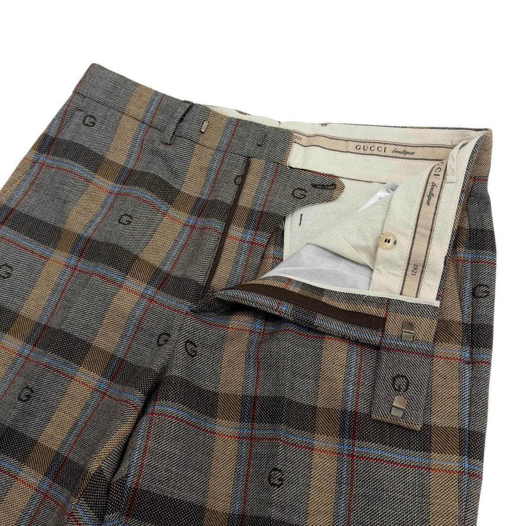 極美品●GUCCI グッチ 680704 ウール100% Gロゴ タック入 センタープレス チェック スラックス ブラウン 48 イタリア製 正規品 メンズ