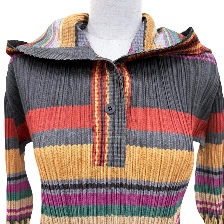 極美品☆PLEATS PLEASE プリーツプリーズ イッセイミヤケ PP73-JH655 ボウリング型 フード付 ロング丈 ワンピース マルチカラー 2 正規品