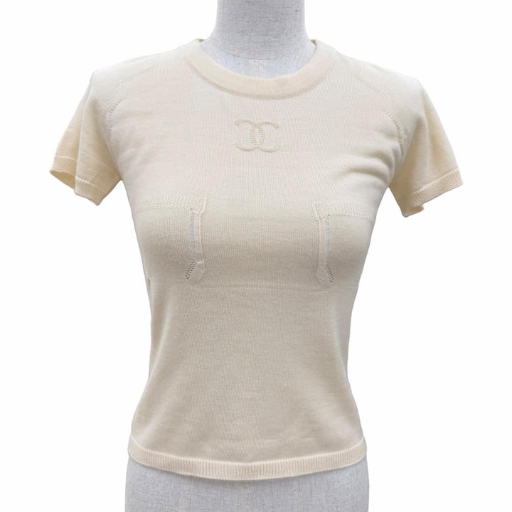美品☆CHANEL シャネル 04C P22665 カシミヤ100％ ココマークエンボス クロップド 半袖ニット ベージュ 36 イタリア製 レディース